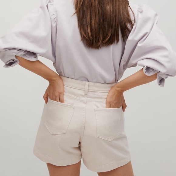 MANGO Regina Pleat Front High Rise Cotton Denim Short Cream - Picture 3 of 15